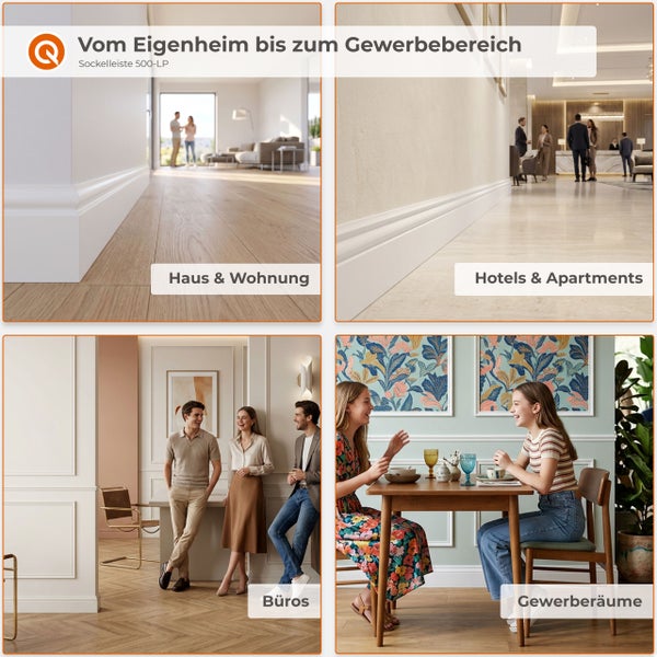 Vier Anwendungsbeispiele für Sockelleisten 500-LP in Wohn- und Gewerberäumen, von privaten Wohnungen über Büros bis zu Hotels und Gastronomie.