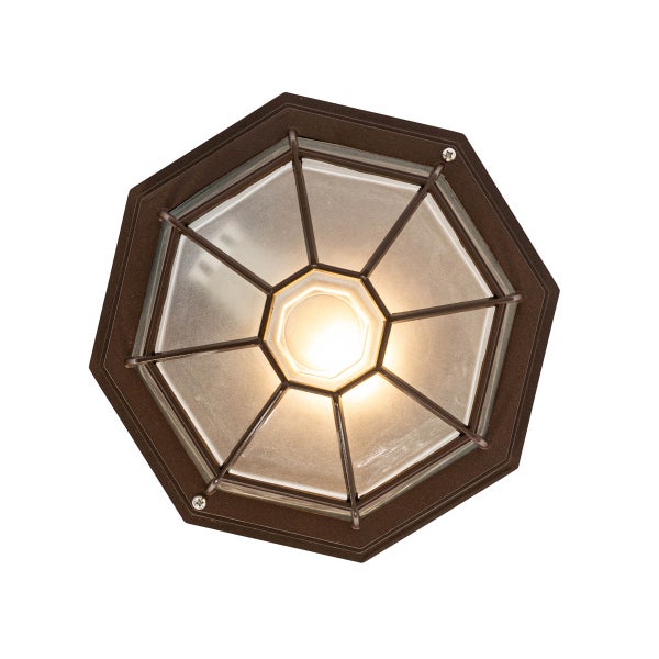 Achteckige Außenleuchte aus Metall mit Gitter und mattem Glas, eingeschaltetes Leuchtmittel.