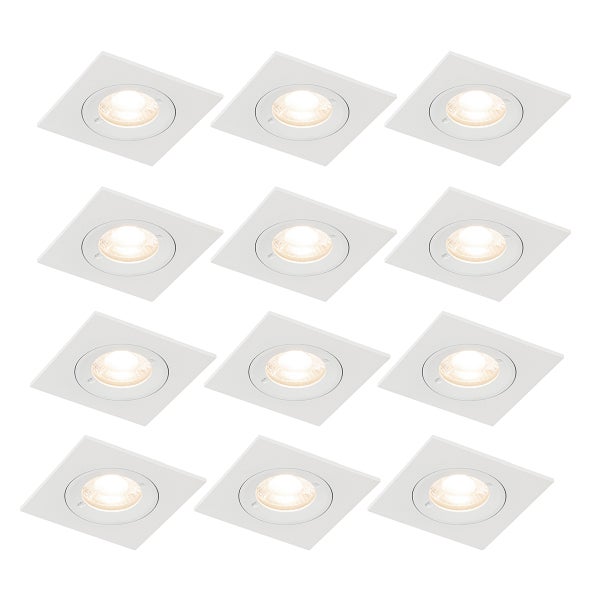 Set aus zwölf quadratischen LED-Einbaustrahlern in Weiß mit warmweißem Licht.