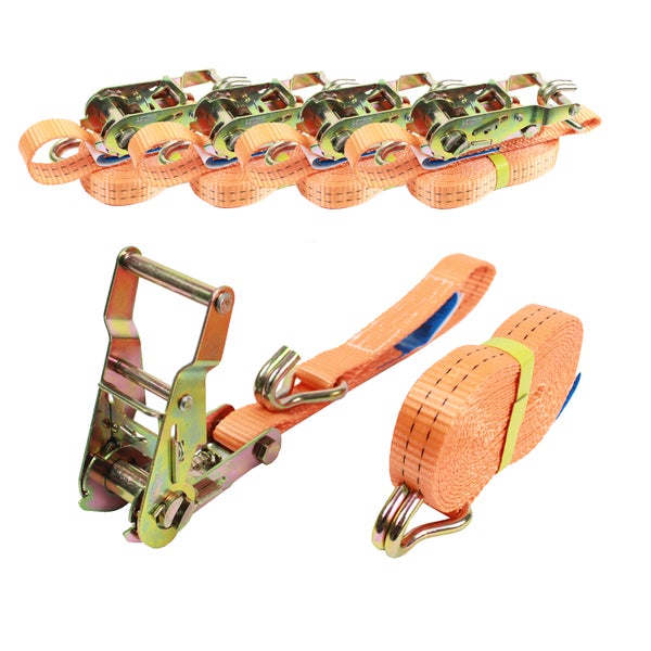 Set von vier Zurrgurten mit Ratschen und Haken zur Ladungssicherung für den Transport.