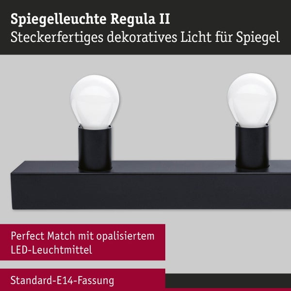 Spiegelleuchte Regula II, steckerfertig, zweiflammig, schwarz, mit E14-Fassung für opale LED-Leuchtmittel. Dekorative Badezimmerbeleuchtung.