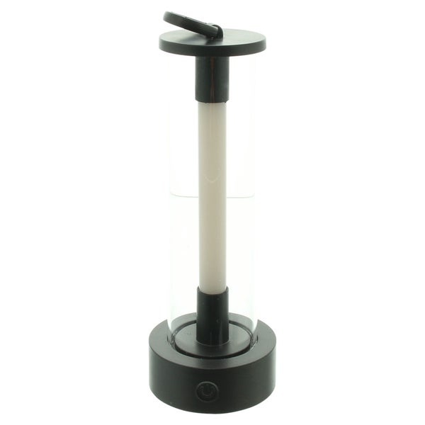 Mobile LED-Tischleuchte mit schwarzem Sockel, transparentem Gehäuse und integriertem Tragegriff oben.