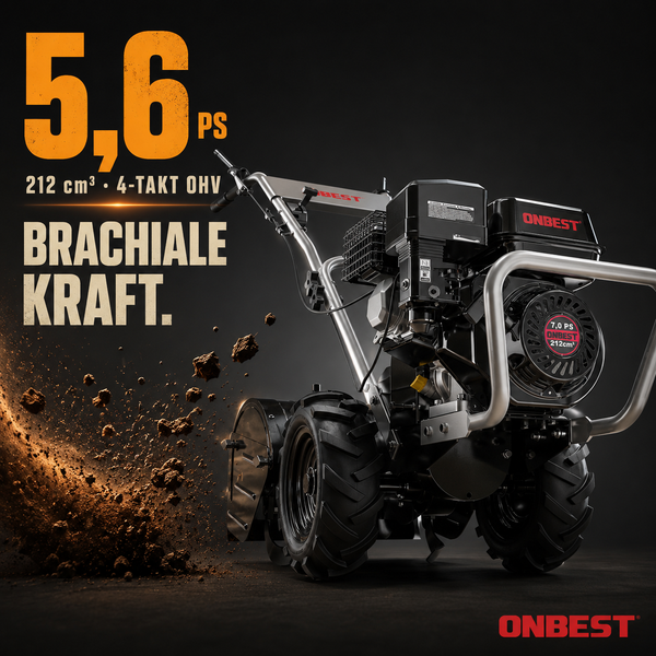 ONBEST Motorhacke mit 5,6 Pferdestärken, 212 Kubikzentimeter Hubraum und Viertaktmotor beim Umgraben von Erde. ONBEST Logo.