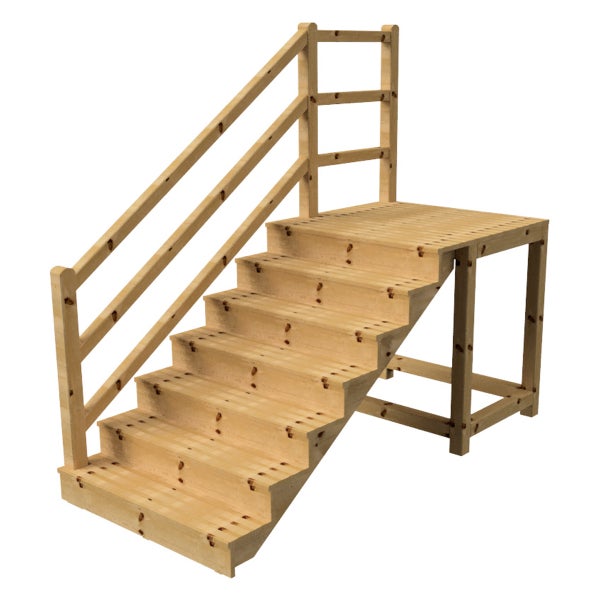 Holztreppe mit Geländer und Plattform