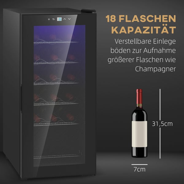 Schwarzer Weinkühlschrank für 18 Flaschen mit verstellbaren Einlegeböden für große Flaschen und digitaler Anzeige der Temperatur.