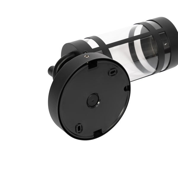 Außenwandleuchte mit zylindrischem Glasschirm und schwarzem Metallrahmen, Detailansicht der runden Montageplatte.