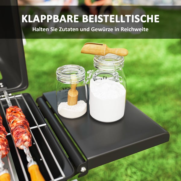 Outsunny Gasgrill 5,6 KW Grillwagen inkl 2 Edelstahl-Brenner klappbar Seitenablagen Rolle Druckminderer Gasschlauch Deckel Thermometer, BBQ Gartengrill für Balkon, Camping-Grill 101 x 50 x 102 cm