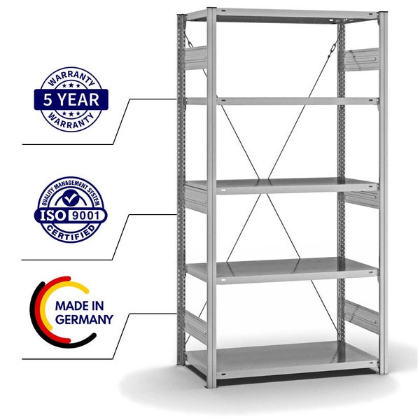 PROREGAL Fachbodenregal Stecksystem T-Profil Heavy-Duty Grundregal HxBxT 200 x 100 x 50 cm 5 Ebenen Fachlast 330 kg Einseitig Nutzbar Verzinkt