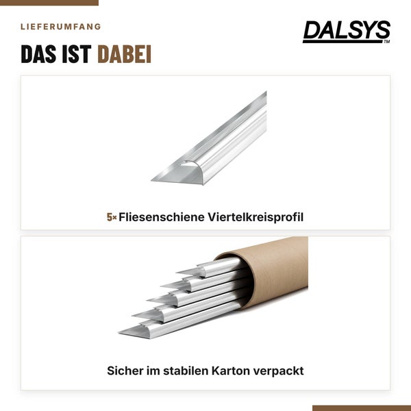 Dalsys Logo und Lieferumfang mit 5 Fliesenschienen Viertelkreisprofilen aus Metall in einer stabilen Transportkartonverpackung