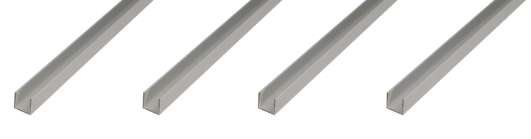 Vier U-Profile aus Aluminium für den Innenausbau und Heimwerkerbedarf.