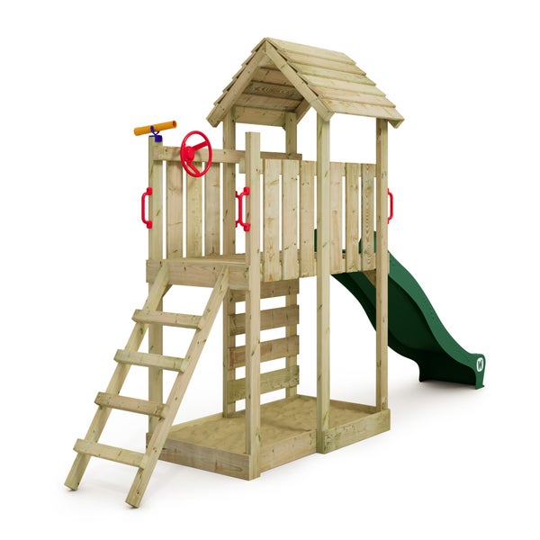 WICKEY Spielturm Klettergerüst JoyFlyer mit Rutsche, Kletterturm mit Sandkasten, Leiter und Spiel-Zubehör - grün