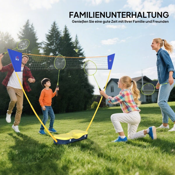 Helles Garten-Szenario mit einer Familie, die ein tragbares Badminton-Set mit Netz, Schlägern und Federball auf einer Rasenfläche nutzt.