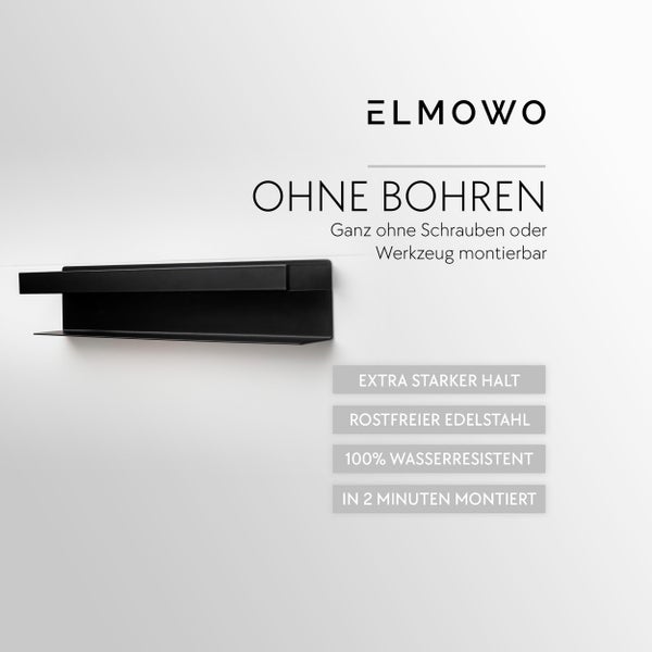 Wandregal von Elmowo zur Montage ohne Bohren aus rostfreiem Edelstahl inklusive Produktvorteilen wie extra starkem Halt und Wasserresistenz.