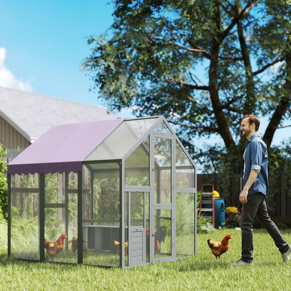 PawHut Hühnerstall Freilaufgehege 1,7x1,8x1,8 m Freigehege mit Schloss Tannenholz Hühnerhaus mit Wasserdichtem, Anti-UV Dach Outdoor Geflügelstall für Hühnerkäfig, 6-8 Hühner, Enten, Kaninchen, Grau