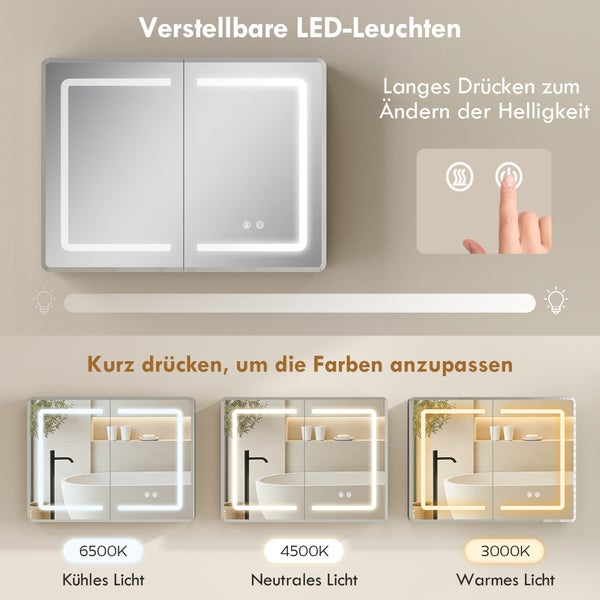LED-Spiegelschrank fürs Bad mit einstellbarer Farbtemperatur von 3000 Kelvin bis 6500 Kelvin und Touch-Sensor für die Helligkeit.