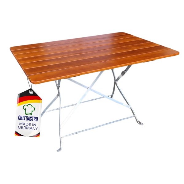 Rechteckiger Klapptisch mit Holzlatten und Metallgestell, hergestellt in Deutschland, ChefGastro Logo.