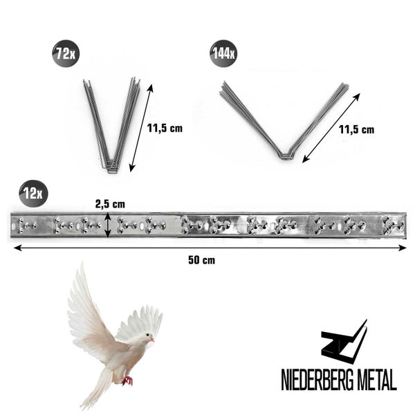 NIEDERBERG METALL Taubenabwehr Spikes Edelstahl - 6 Meter Tauben Abwehrleiste mit 216 Vogel Abwehr Spikes - Taubenabwehr Balkon Vogelabwehr für Dachbalken - Vogelschutz Dach Solaranlage Photovoltaik
