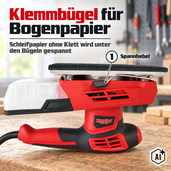 Hecht Schwingschleifer mit Klemmbügel für Bogenpapier und Spannhebel zur Befestigung von Schleifpapier ohne Klettverschluss auf einer Werkbank.
