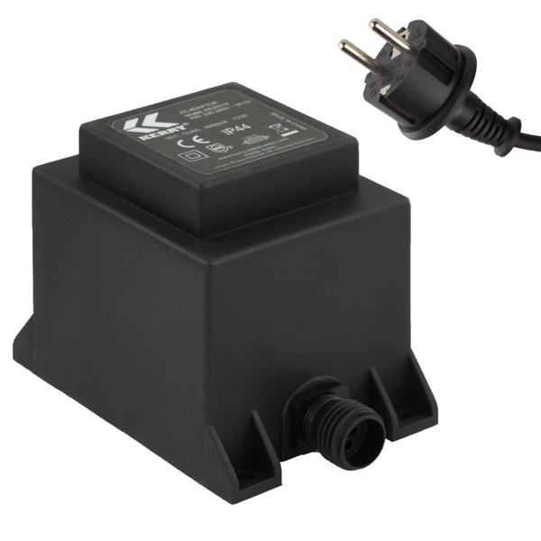 Netztransformator Kerry Electronics IP44 12 Volt 72VA für den Außenbereich mit Netzstecker.