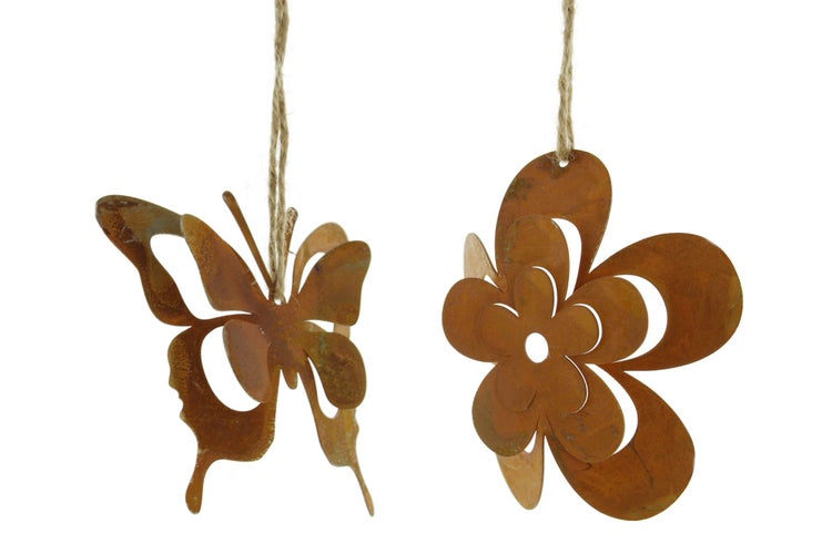 FRANK FLECHTWAREN | Hänger Rostoptik, 8er Set, METALL, Blume Ø 8 cm, Schmetterling Ø 9 cm