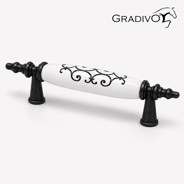 Möbelgriff aus antikem Metall und weißer Keramik mit schwarzem Ornamentmuster, Gradivo Logo.