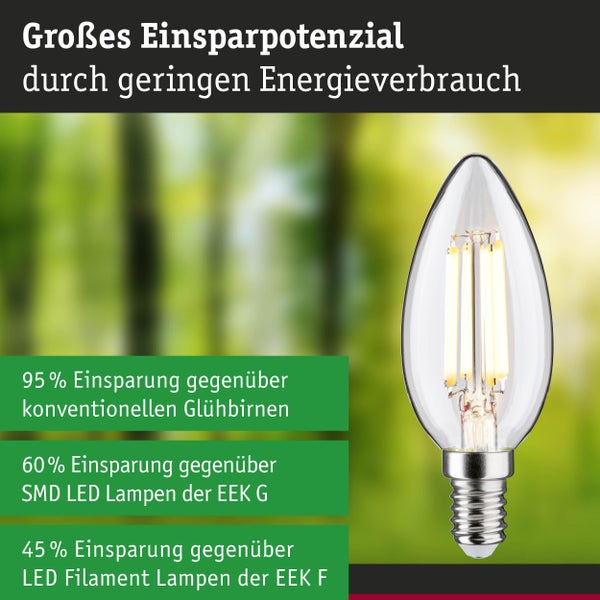LED-Filament-Kerzenlampe mit Informationen zu Energieeinsparungen von bis zu 95 Prozent gegenüber herkömmlichen Glühbirnen.