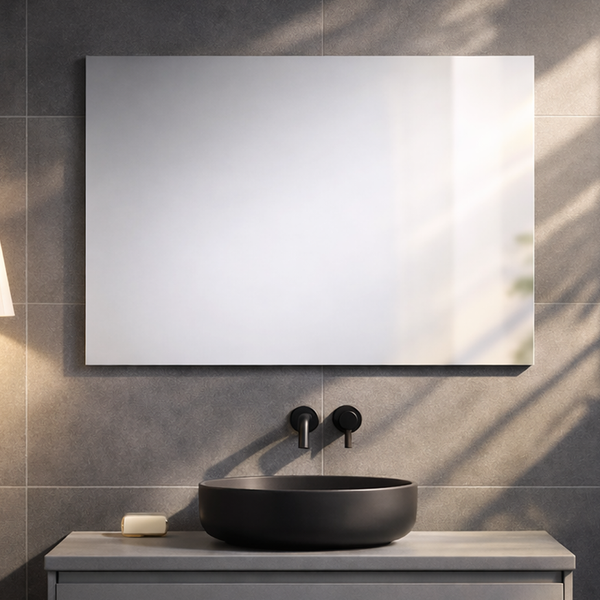 Modernes Badezimmer mit großem rechteckigem Spiegel über einem dunklen runden Aufsatzwaschbecken und Wandarmatur an einer grauen Fliesenwand.