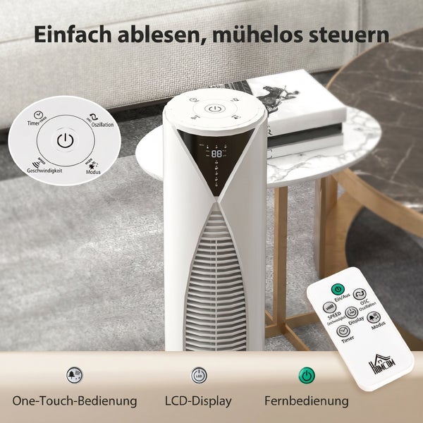 HOMCOM Turmventilator mit LCD-Display, One-Touch-Bedienung und Fernbedienung in einem modern eingerichteten Wohnzimmer.