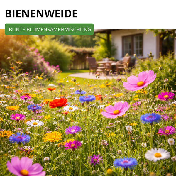 Bunte Wildblumenwiese als Bienenweide mit verschiedenen Blumenarten in einem sonnigen Garten.