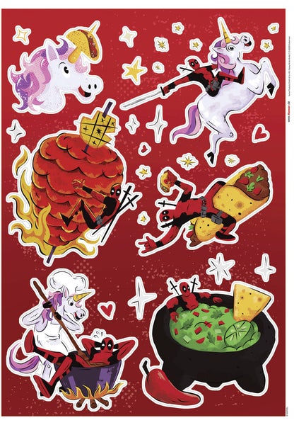 Aufkleberbogen mit Comicfiguren und Lebensmitteln