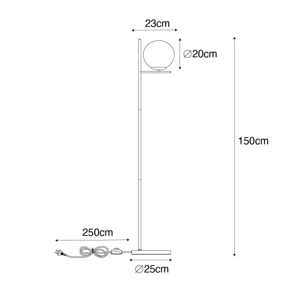 Technische Zeichnung einer Stehleuchte mit den Maßen 150 cm Höhe, 23 cm Ausladung, Lampenschirmdurchmesser 20 cm, Fußdurchmesser 25 cm und Kabellänge 250 cm.