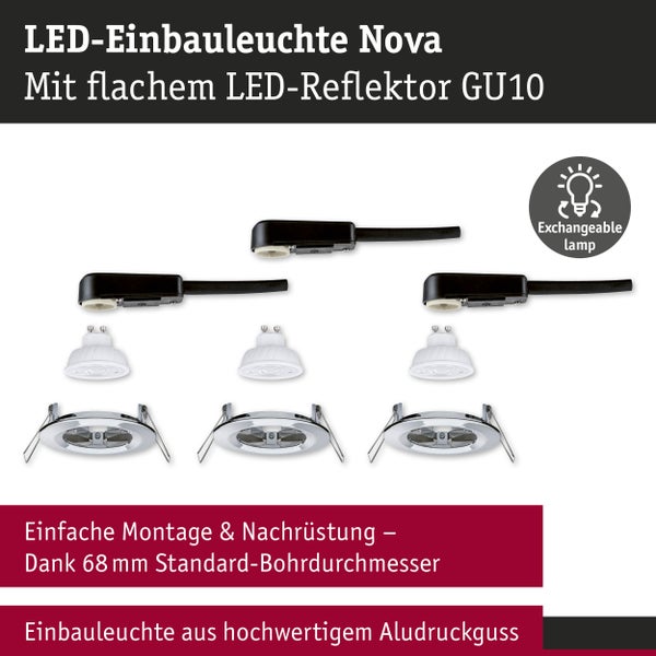 Dreier-Set LED-Einbauleuchten Nova mit flachem GU10 LED-Reflektor, Montageringen und wechselbaren Leuchtmitteln aus Aludruckguss.