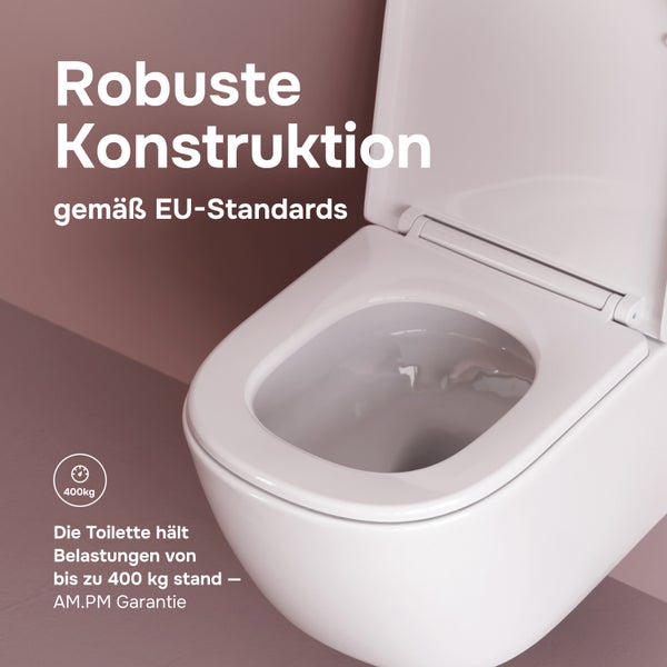 Wandhänge-WC von AM.PM mit robuster Konstruktion gemäß EU-Standards und einer Tragfähigkeit von 400 Kilogramm inklusive AM.PM Garantie.