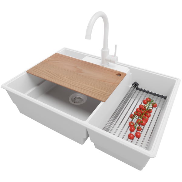 PRIMAGRAN Granitspüle Alles Weiß 78x53cm, Spülbecken 2 Becken + Küchenarmatur 32x20cm + Ablauf-Set + Küchenzubehörset, Küchenspüle ab 80er Unterschrank - Paris