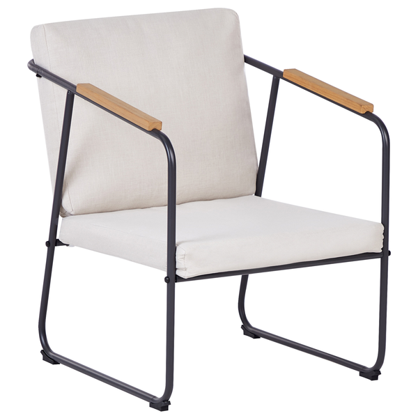 Moderner Sessel mit Metallgestell, Armlehnen aus Holz und Sitz- sowie Rückenpolster.