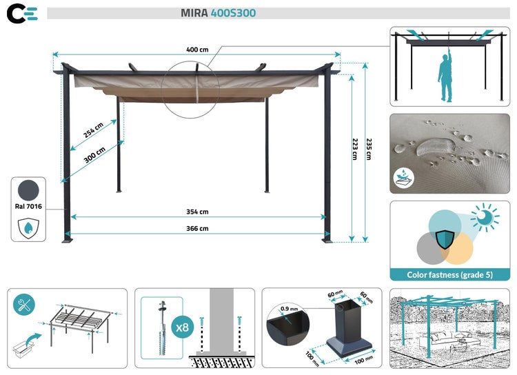 Pergola MIRA 400S300 Beige Freistehend