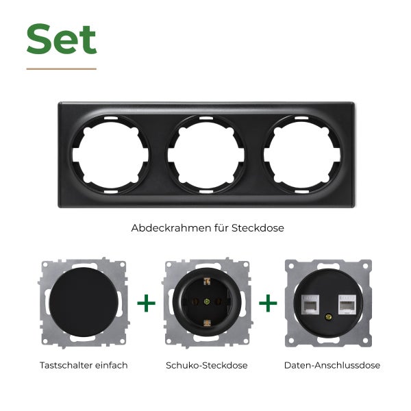 Set bestehend aus dreifach Abdeckrahmen, Tastschalter, Schuko Steckdose und Datenanschlussdose.