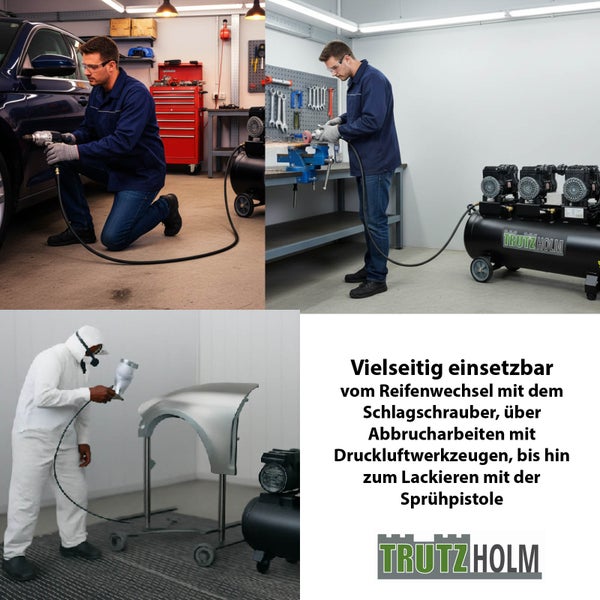 Anwendungsszenarien für Kompressoren: Reifenwechsel mit Schlagschrauber, Schleifarbeiten am Werktisch und Lackieren mit Sprühpistole. Trutzholm Logo.