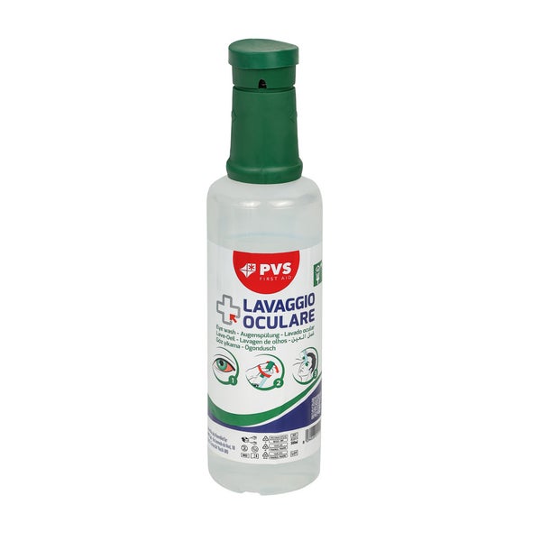 PVS First Aid Augenspülflasche 500 Milliliter aus Kunststoff mit grünem Aufsatz zur Ersten Hilfe bei Augenverletzungen.