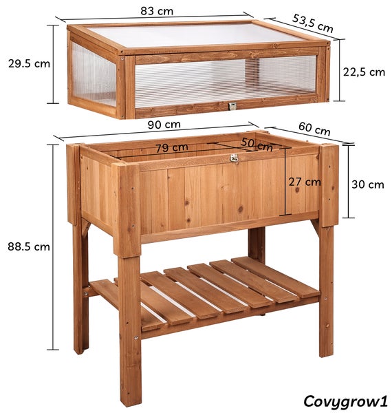 needs&wants® Großes Hochbeet mit Frühbeet-Aufsatz Abdeckung aus Holz für Garten Balkon, Pflanzbeet mit Gewächshaus Frühbeetkasten mit Deckel Dach Haube Ablage Pflanzkasten, 90 x 60 x 118 cm, braun