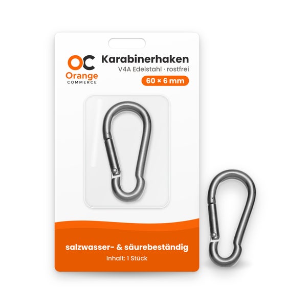 Karabinerhaken V4A Edelstahl rostfrei 60 x 6 Millimeter salzwasser und säurebeständig in Verpackung
