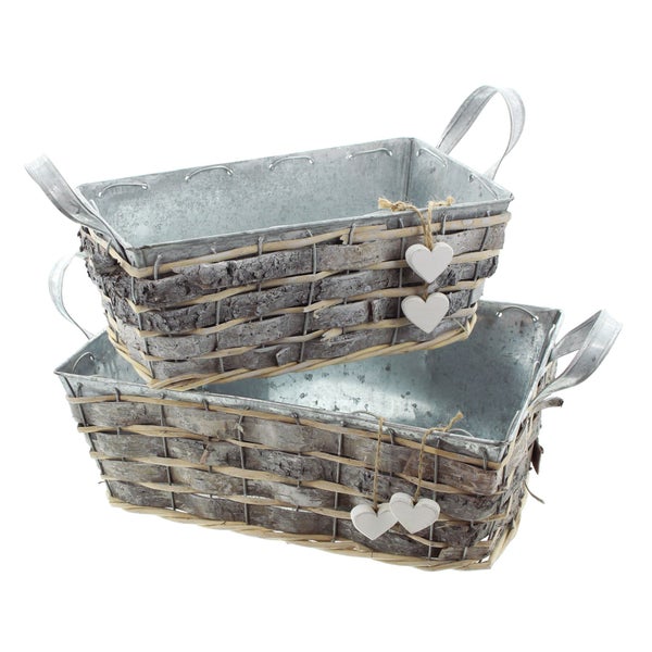 FRANK FLECHTWAREN | Pflanzer Weißes Herz, 2er Set, METALL, HOLZ, 26 x 14 x 10 cm, 30 x 20 x 12 cm, bei Direktbepflanzung mit Folie ausschlagen