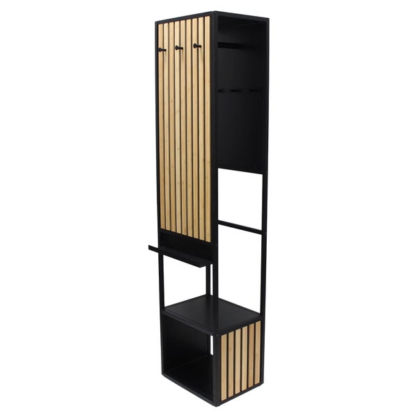 Garderobenpaneel aus Metall und Holzoptik mit Haken, Ablage und Schuhfach