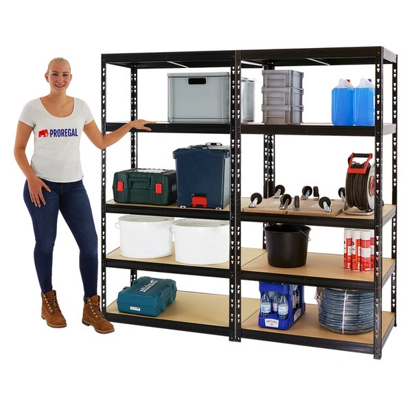 PROREGAL Mega Deal 2x Schwerlastregal Tiger HxBxT 180 x 90 x 60 cm Fachlast 265 kg 5-Ebenen Schwarz