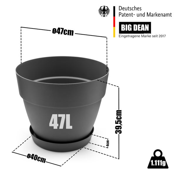 BigDean 3 Stück Blumentopf mit Untersetzer rund ø47 cm in Anthrazit – Übertopf innen + außen geeignet – aus bruchsicherem Kunststoff & Made in Europe
