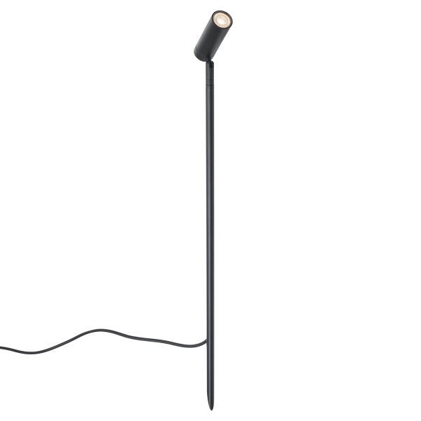 Schwarzer Gartenstrahler mit Erdspieß, zylindrischem Kopf und schwarzem Anschlusskabel.