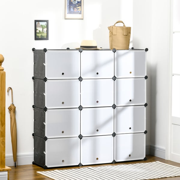 HOMCOM DIY Regalsystem mit 12 Würfeln stapelbar DIY-Würfelregal Schuhregal Aufbewahrungsregal Standregal Kleiderschrank von Büchern Spielzeug Schuhen Kunststoff Stahl Schwarz+Weiß 125 x 32 x 125 cm
