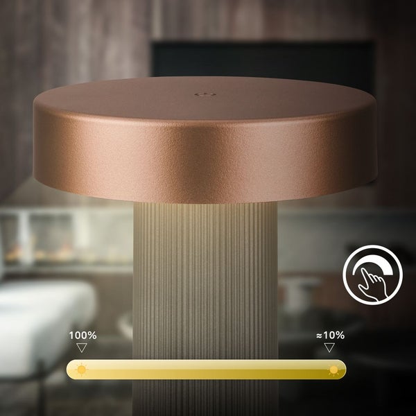 Moderne Tischleuchte in Bronze mit Touch-Dimmfunktion von 100 Prozent bis circa 10 Prozent Helligkeit.