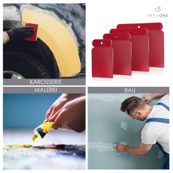 PETITONE Japanspachtel - 4tlg Premium Kunstoff Spachtel Set - Leicht zu reinigender Flächenspachtel - Spachtel Werkzeug - Extra große Griffnoppen - Spachtel Acrylmalerei - Besonders Präzise 45°-Kante