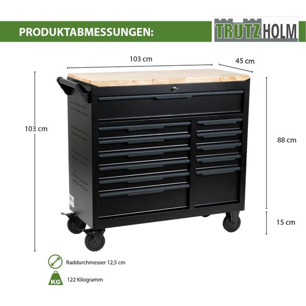 Trutzholm Werkstattwagen mit Holzplatte, Breite 103 Zentimeter, Höhe 103 Zentimeter, Tiefe 45 Zentimeter, Gewicht 122 Kilogramm.